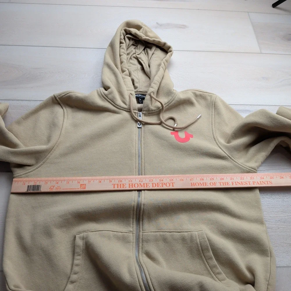 True Religion Buddha Logo Full Zip Up Hoodie Mens XL Tan Khaki Sweatshirt